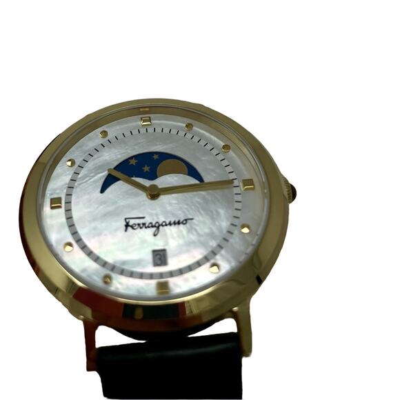 Ferragamo Logomania  Moon Phase Women's Watch Gold Tone Hardware Black Leather - Picture 7 of 13